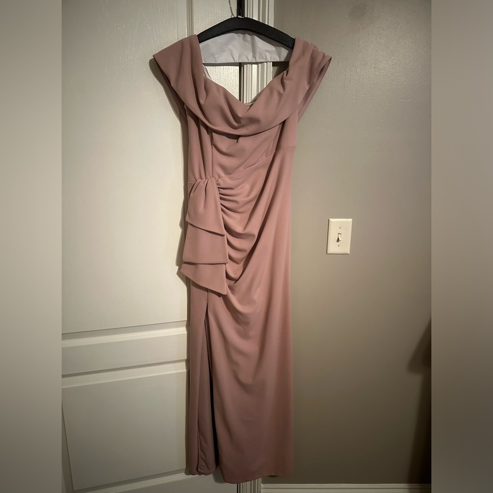 ff-the-Shoulder Ruched Ruched Waist Scuba Crepe Thigh High Slit Gown